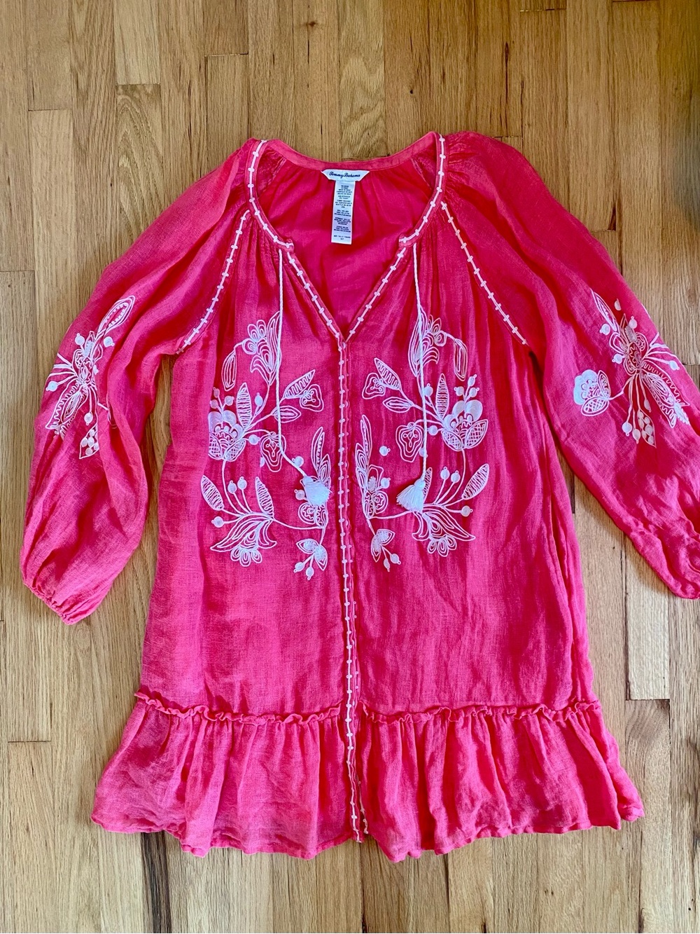 Tommy Bahama Embroidered Tassel Linen Cotton Dress Coral Pink